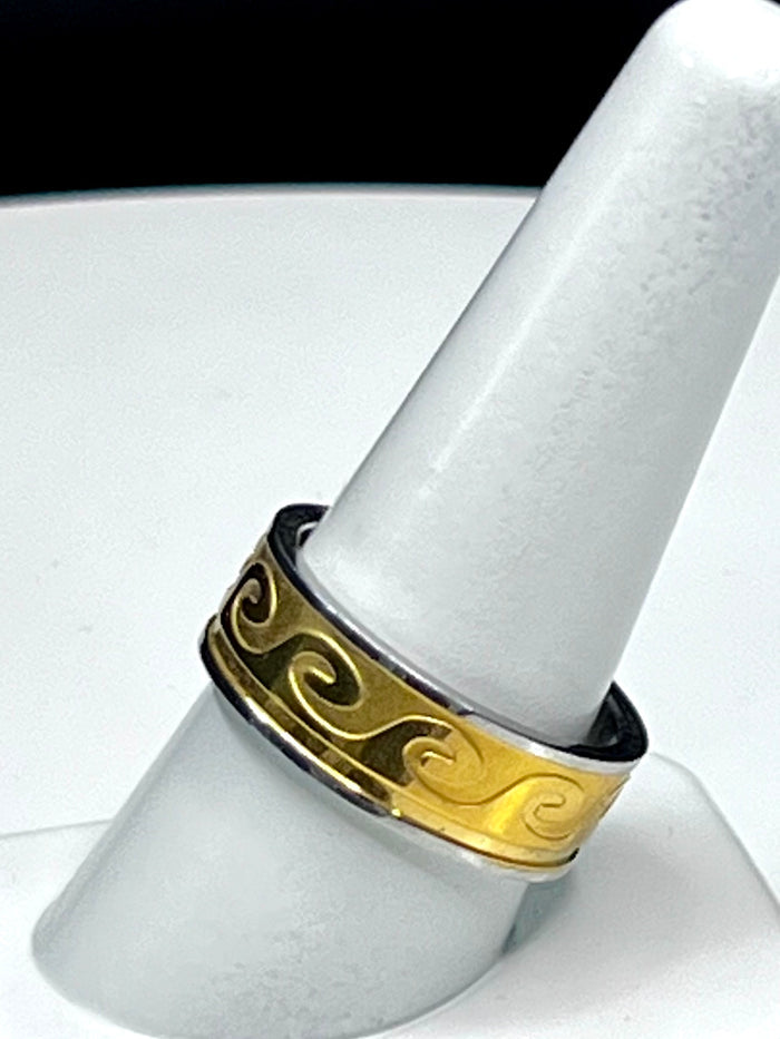 Wave Ring - Stainless Steel Gold Accent Symbol of Balance Jewelry front view