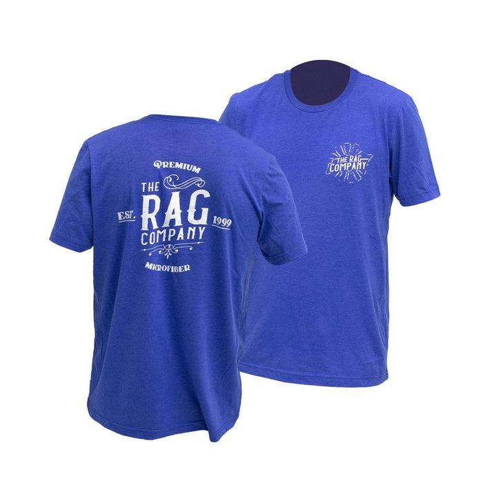 The Rag Company Whiskey T-Shirt  Blue front and back on a white background.