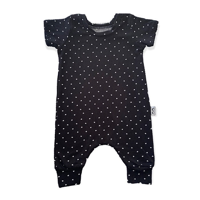 White Hearts on Black Ribbed Harem Romper