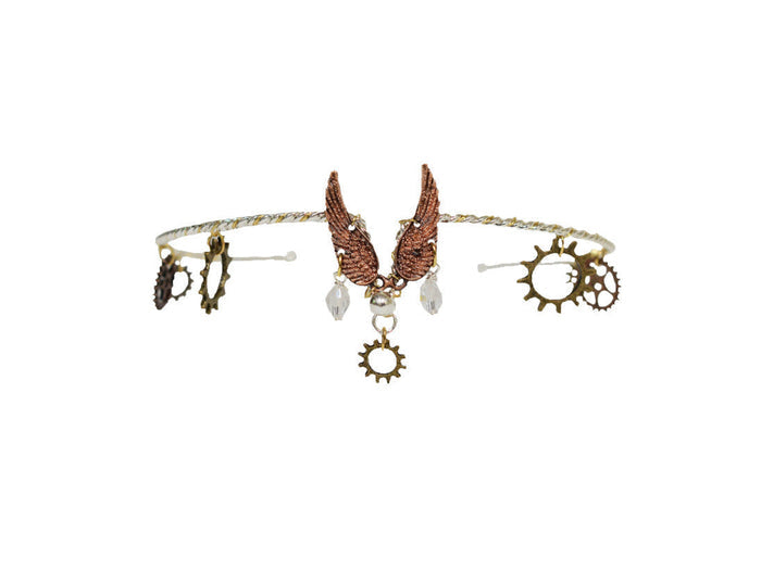 winged steampunk crown headpiece with gears, silver and gold finish, front view