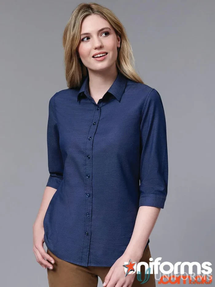 Woman wearing navy dot jacquard Winning Spirit Ascot Ladies 3/4 shirt
