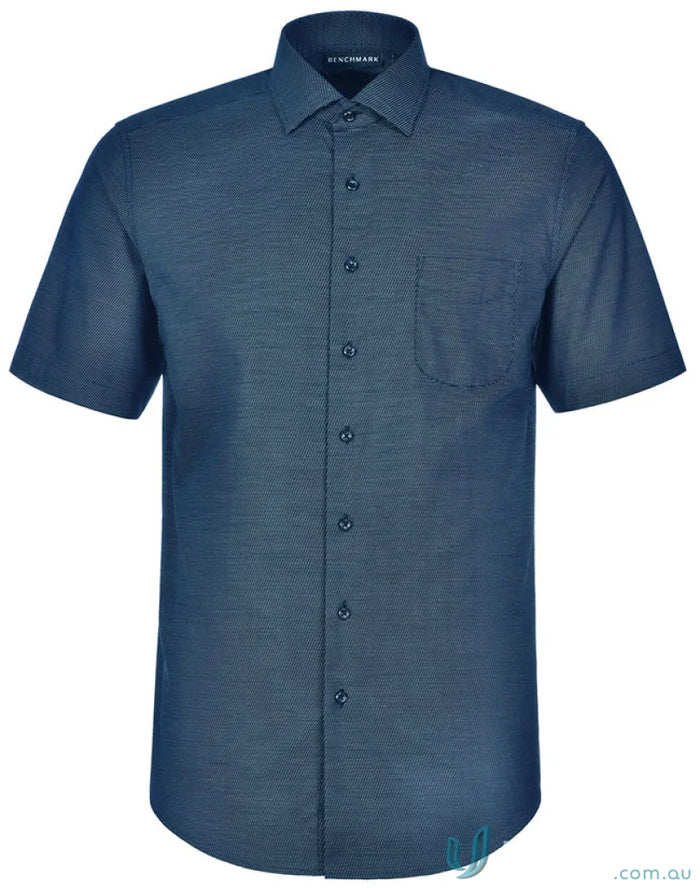 Blue dot jacquard shirt with short sleeves and ascot for men’s short style