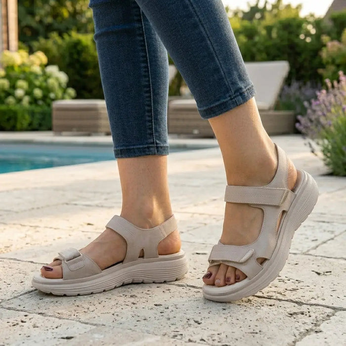 Women's adjustable synthetic orthopedic sandals with cushioned soles and supportive straps, ideal for comfortable summer wear.