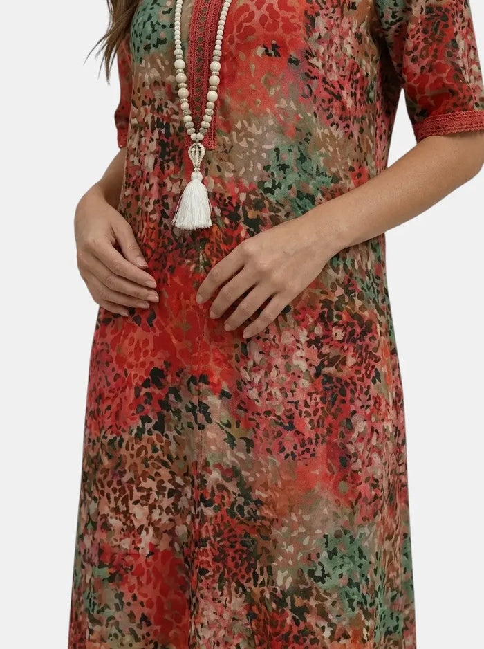 Women's printed V-neck midi dress by LondonLaneStore featuring a relaxed fit and short sleeves, with a vibrant all-over floral pattern.