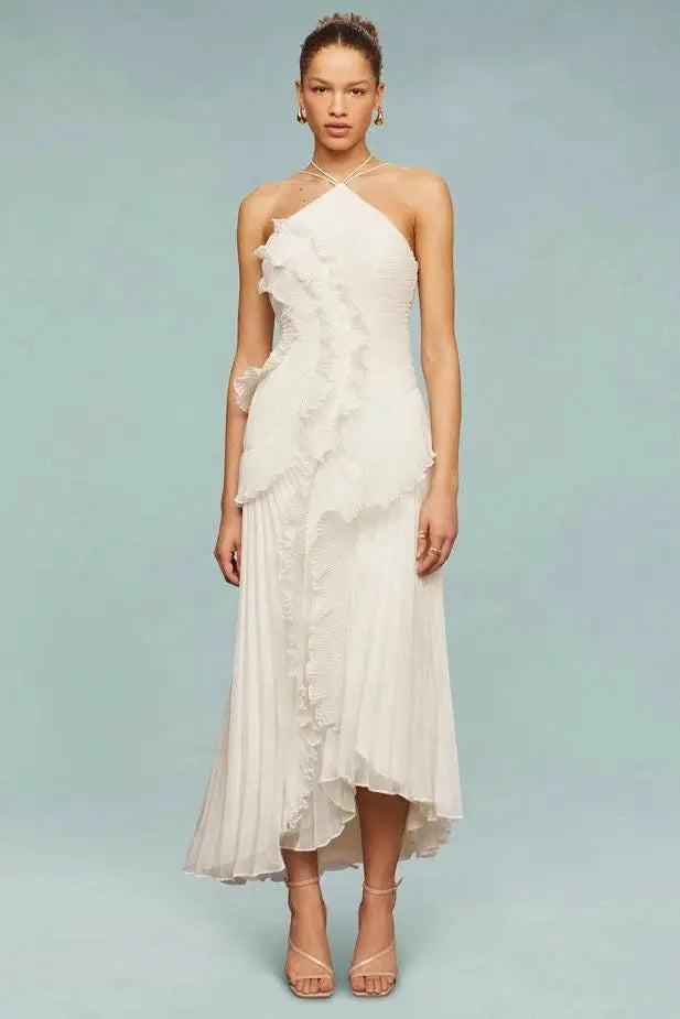 Women's artistic patchwork maxi dress with flowing ruffle design, perfect for summer, by LondonLaneStore.