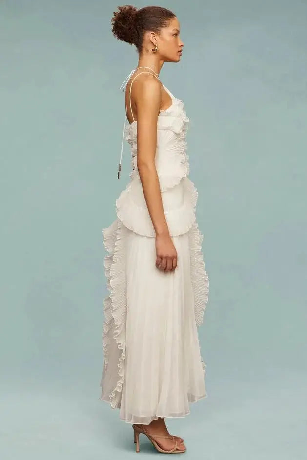 Women’s artistic patchwork maxi dress with flowing ruffle design, perfect for summer, by LondonLaneStore.