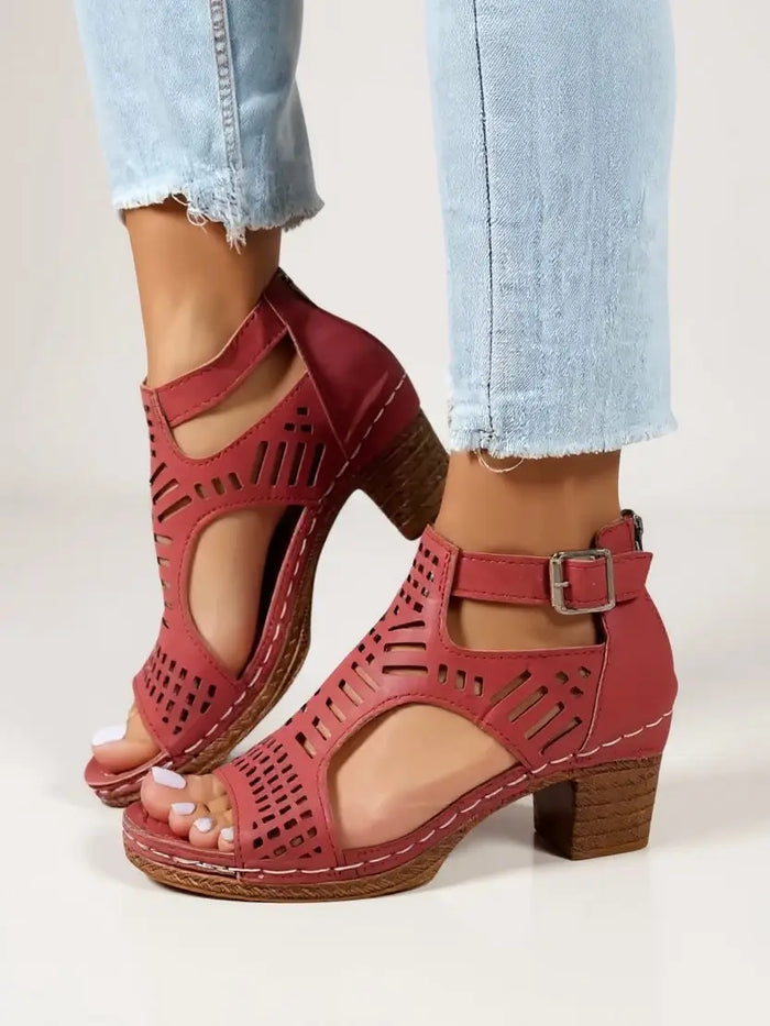 Women's breathable leather block heel sandals with elegant cutout design, perfect for summer, from LondonLaneStore.