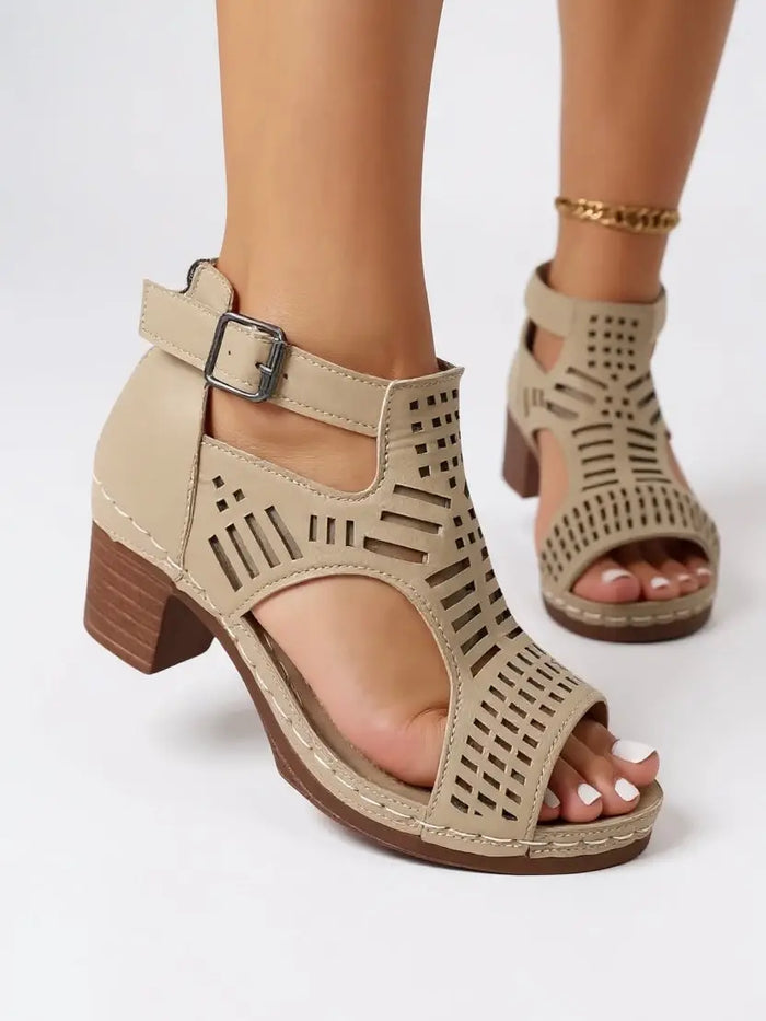 Women's breathable leather block heel sandals with elegant cutout design, stylish orthopedic sandals for summer comfort.