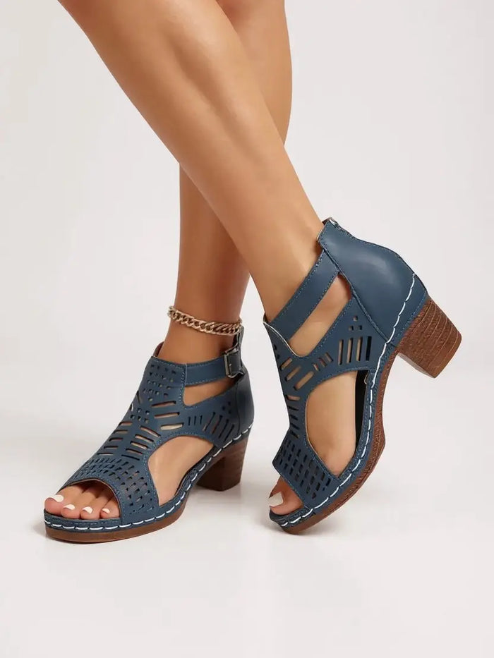 Women’s breathable leather block heel sandals with elegant cutout design, ideal for summer, from LondonLaneStore.