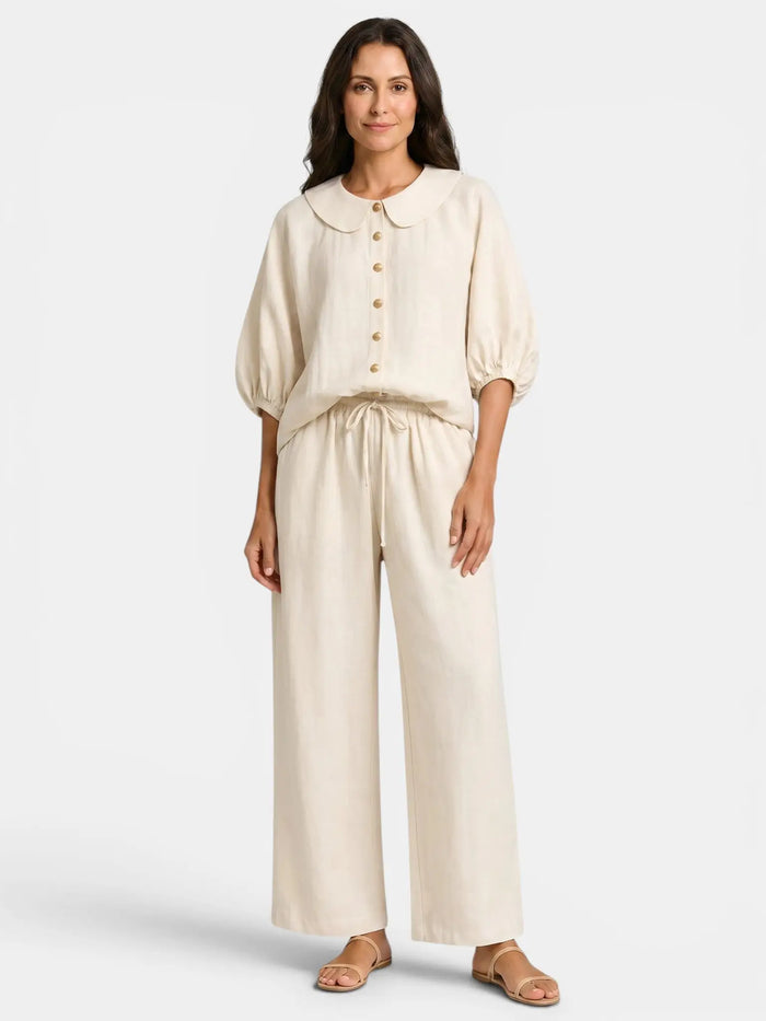 Women's Breathable Linen Co-Ord Set | Elegant Vintage Blouse and Relaxed Wide-Leg Trousers LondonLaneStore