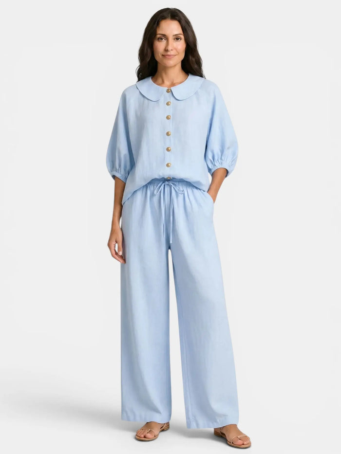Women's Breathable Linen Co-Ord Set | Elegant Vintage Blouse and Relaxed Wide-Leg Trousers LondonLaneStore