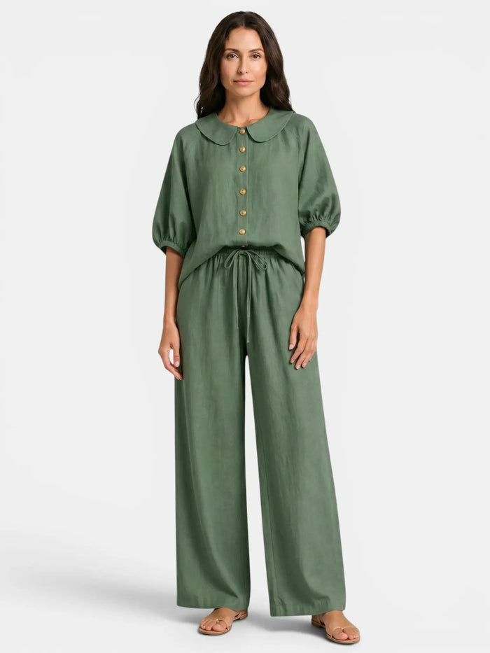 Women's Breathable Linen Co-Ord Set | Elegant Vintage Blouse and Relaxed Wide-Leg Trousers LondonLaneStore