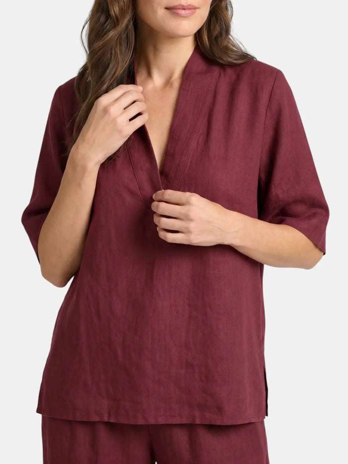 Women's breathable linen co-ord set with relaxed V-neck top and wide-leg trousers, stylish and comfortable for warm weather.