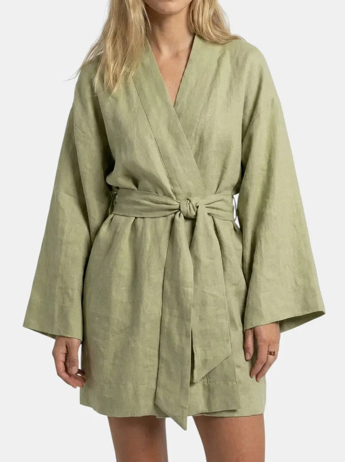 Women's breathable linen kimono dress by LondonLaneStore featuring an airy bohemian summer style and relaxed fit.