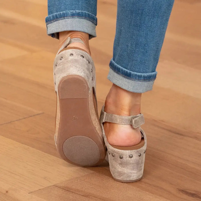Women’s breathable soft suede wedge sandals with orthopedic support, stylish summer footwear in neutral tones.