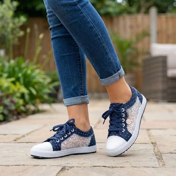 Women's breathable textile casual sneakers with chic polka dot design, lightweight and comfortable orthopedic shoes by LondonLaneStore.