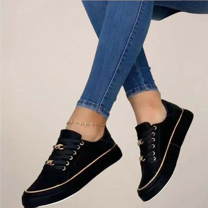 Women's casual fabric sneakers by LondonLaneStore featuring stylish low-top white trainers with gold accents and comfortable design.
