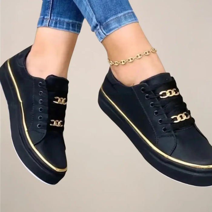 Women's casual fabric sneakers, stylish low-top white trainers with gold accents, featuring comfortable design and modern appeal.