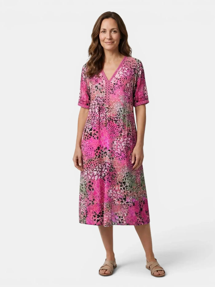 Women's colorful printed midi dress by LondonLaneStore, relaxed fit summer dress with vibrant floral patterns and casual style.