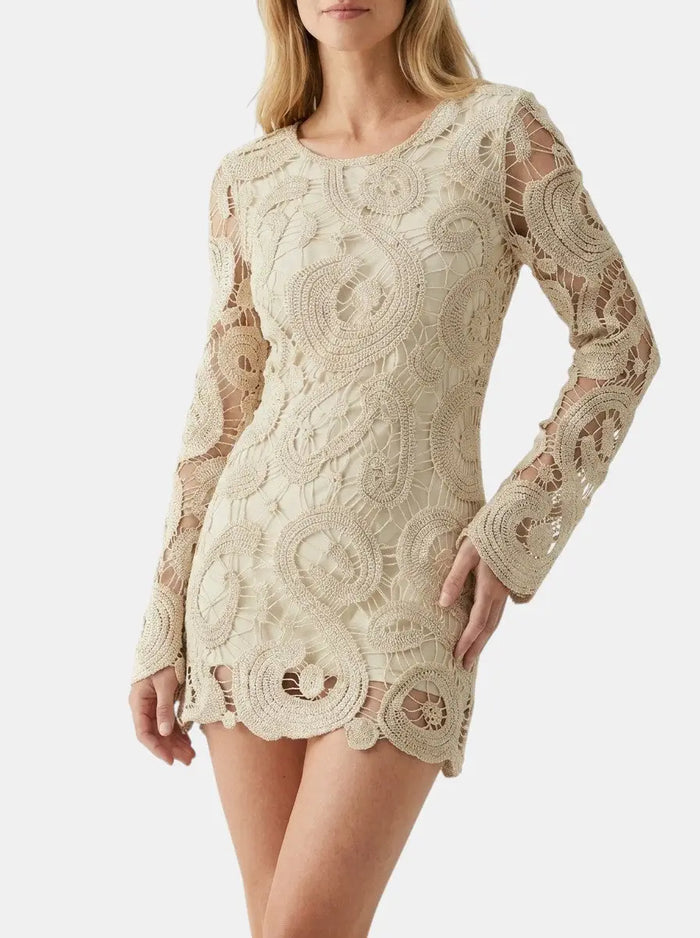 Women's comfortable crochet mini dress with long sleeves, casual wear, perfect for spring and autumn, from LondonLaneStore.