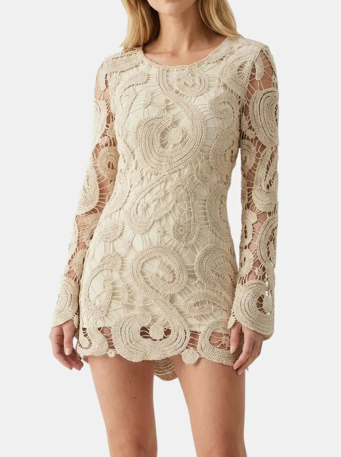 Women's comfortable crochet mini dress with long sleeves, stylish casual wear for spring and autumn by LondonLaneStore.