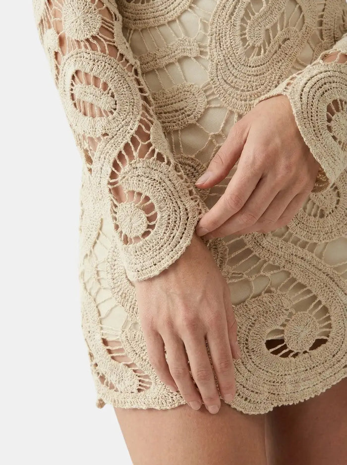 Women's comfortable crochet mini dress with long sleeves, casual spring and autumn wear, in a stylish design from LondonLaneStore.