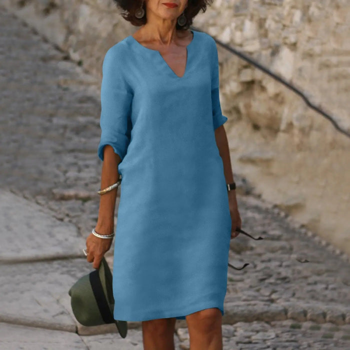 Women’s comfortable V-neck midi dress with 3/4 sleeves, casual and elegant, from LondonLaneStore.