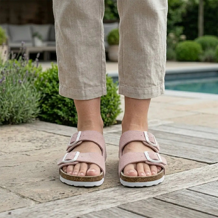 Women's cork footbed sandals from LondonLaneStore featuring open-toe design and orthopedic support for comfortable walking.