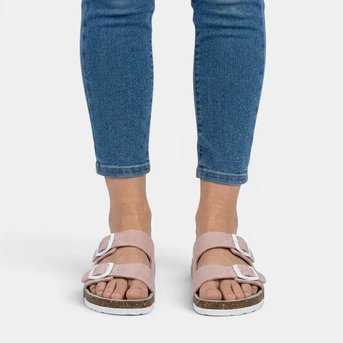 Women's cork footbed sandals by LondonLaneStore featuring open-toe design and orthopedic support for comfortable walking.