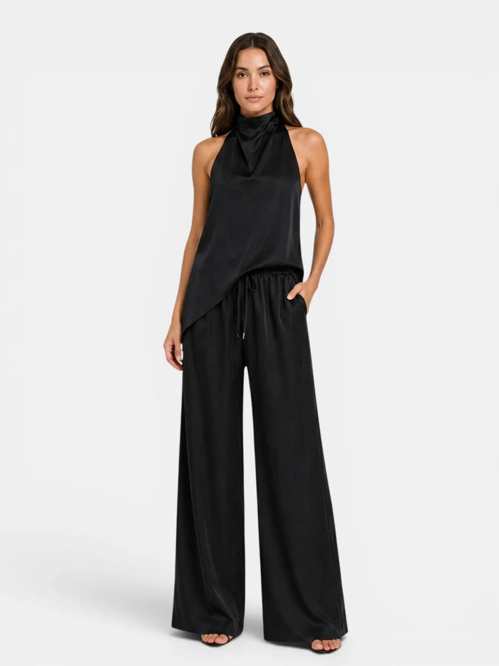 Women's Cotton Blend Co-Ord Set | Elegant Halter Neck Top and Wide Leg Trousers LondonLaneStore