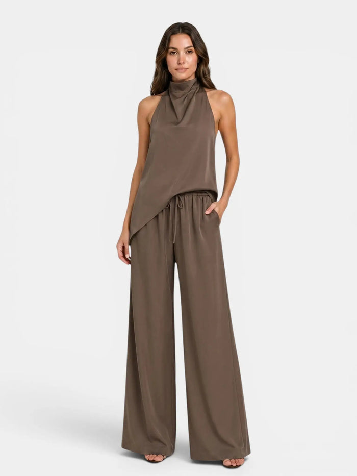 Women's Cotton Blend Co-Ord Set | Elegant Halter Neck Top and Wide Leg Trousers LondonLaneStore