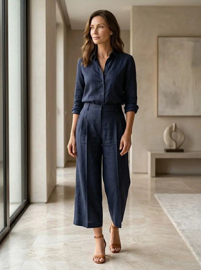 Women's cotton blend loungewear set featuring a relaxed button-down shirt and high-waist trousers, comfortable and stylish for home wear.