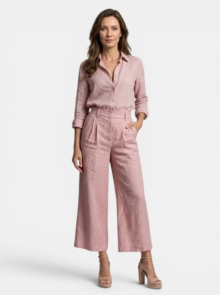 Women's cotton blend loungewear set with relaxed button-down shirt and high-waist trousers, stylish and comfortable for relaxing at home