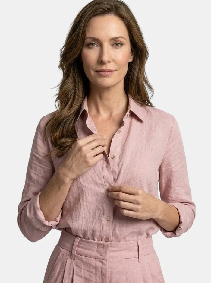 Women's cotton blend loungewear set featuring relaxed button-down shirt and high-waist trousers, perfect for comfortable casual wear.