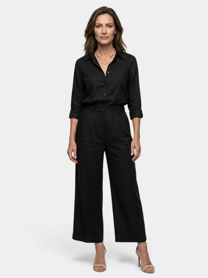 Women's cotton blend loungewear set featuring a relaxed button-down shirt and high-waist trousers by LondonLaneStore.