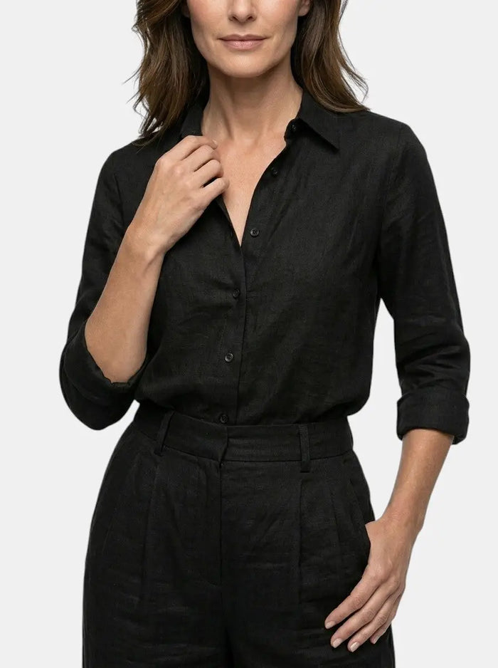 Women's cotton blend loungewear set featuring a relaxed button-down shirt and high-waist trousers, perfect for comfortable home wear.