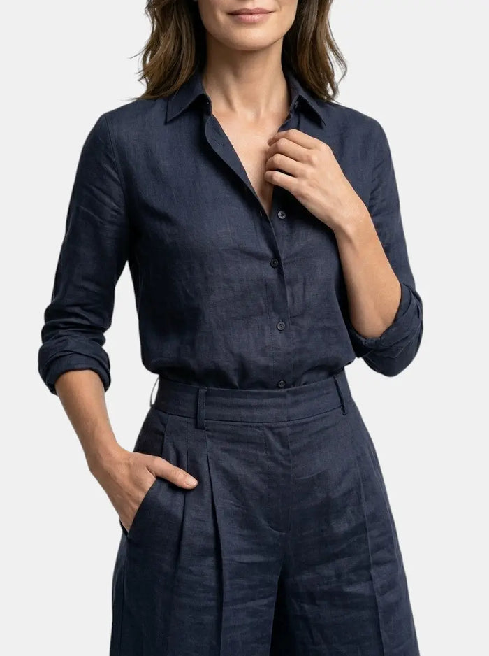 Women's cotton blend loungewear set featuring a relaxed button-down shirt and high-waist trousers, perfect for comfortable home wear.