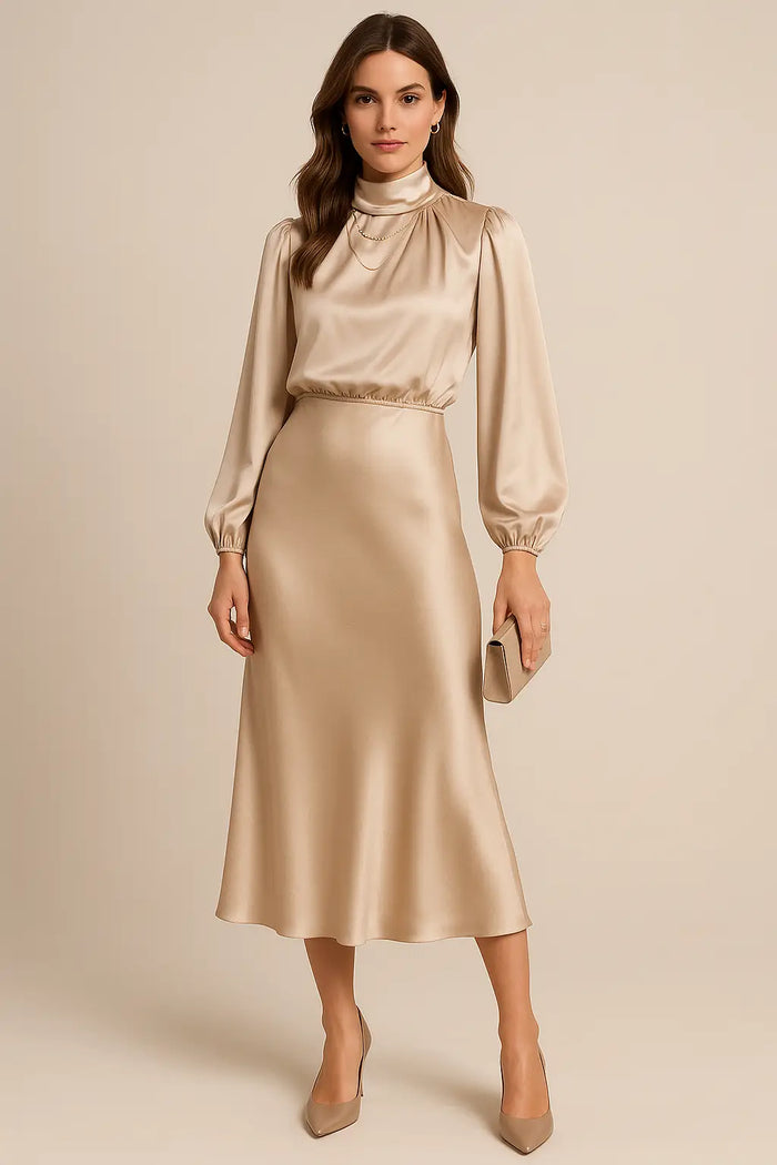 Women’s cotton blend midi dress with high neck, elegant summer style, featuring a fitted bodice and flowing skirt.