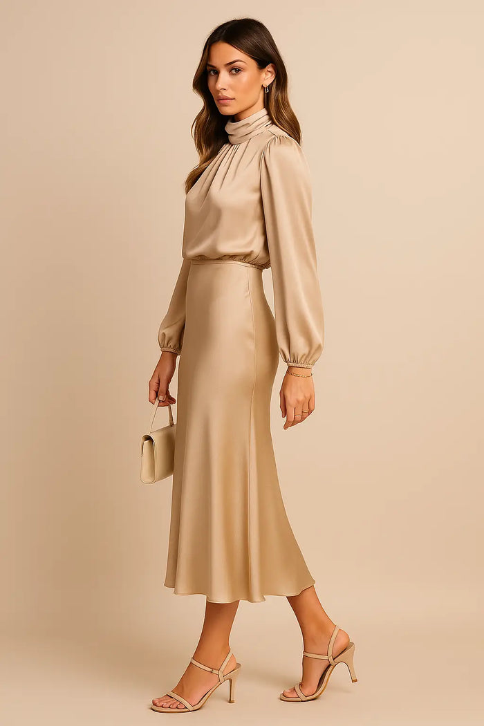 Women’s cotton blend midi dress with a high neck, elegant summer style, featuring a fitted bodice and flowing skirt.