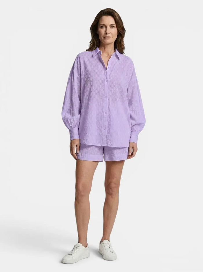 Women's cotton broderie stripe short set by LondonLaneStore featuring a relaxed, oversized summer outfit with a comfortable fit.