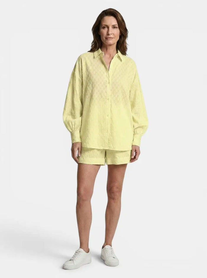 Women's cotton broderie stripe short set by LondonLaneStore, featuring relaxed oversized fit perfect for summer wear.