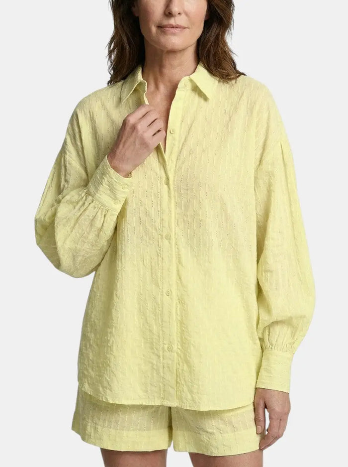Women's cotton broderie stripe short set by LondonLaneStore, featuring a relaxed oversized summer outfit with comfortable shorts and a matching top.