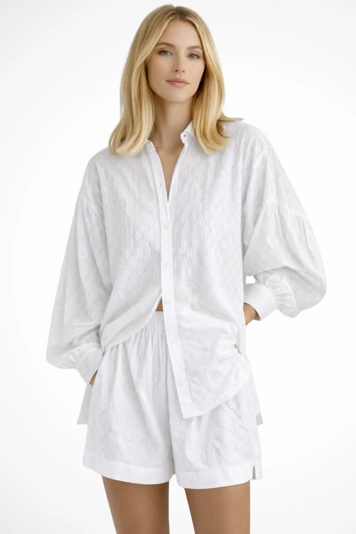 Women’s cotton broderie summer two-piece set by LondonLaneStore, featuring a relaxed oversized shirt and matching shorts.