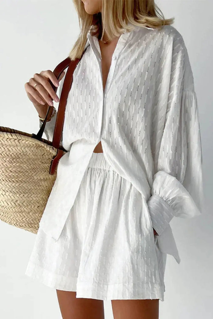 Women’s cotton broderie summer two-piece set featuring a relaxed oversized shirt and matching shorts, perfect for warm weather.