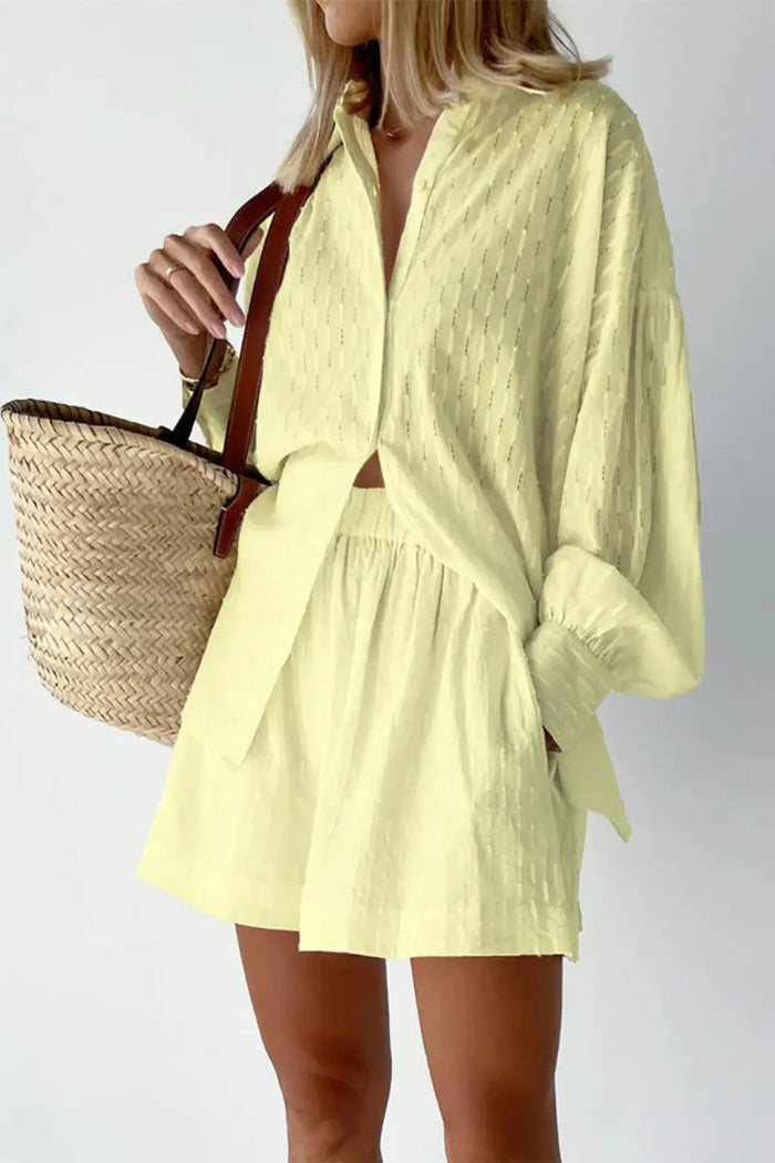 Women’s cotton broderie summer two-piece set with relaxed oversized shirt and matching shorts, stylish and comfortable for warm weather.