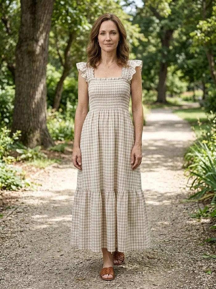 Women's cotton gingham maxi dress with flowing silhouette, perfect for elegant summer styling, by LondonLaneStore.
