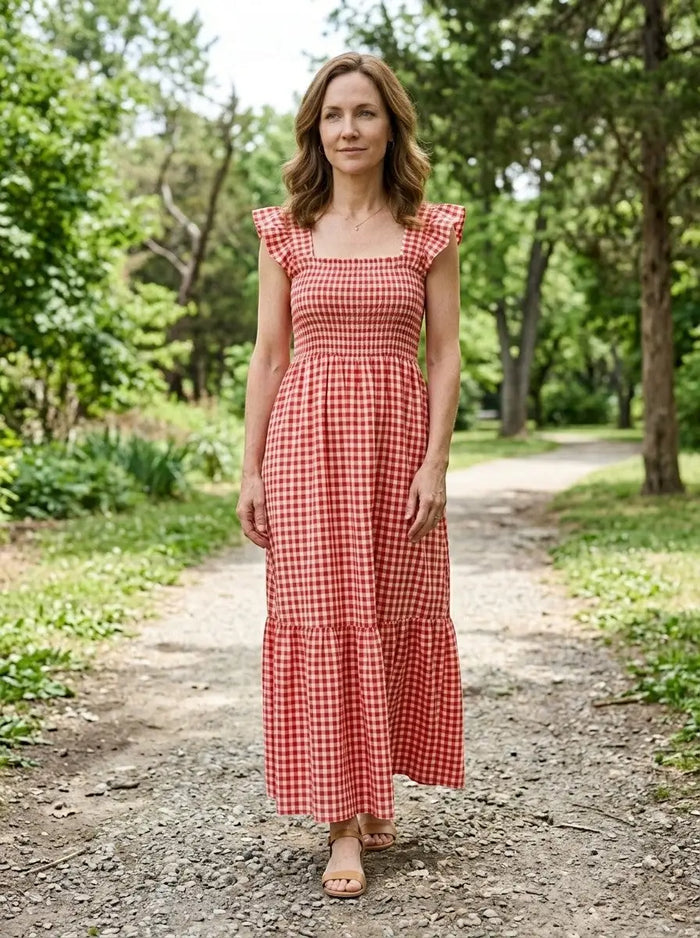 Women's cotton gingham maxi dress with a flowing silhouette, perfect for elegant summer wear, by LondonLaneStore.