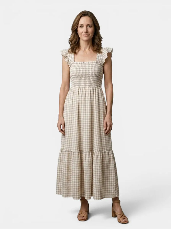Elegant women's cotton gingham maxi dress by LondonLaneStore, flowing summer style with a relaxed fit and classic checkered pattern.