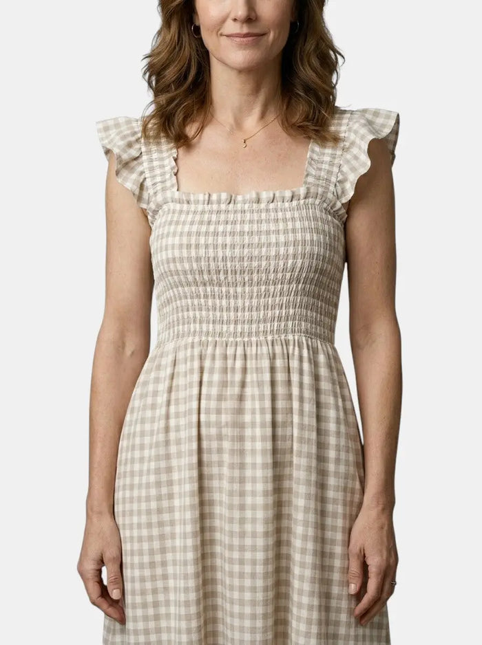 Elegant women's cotton gingham maxi dress by LondonLaneStore, flowing summer style with a relaxed fit and classic pattern.