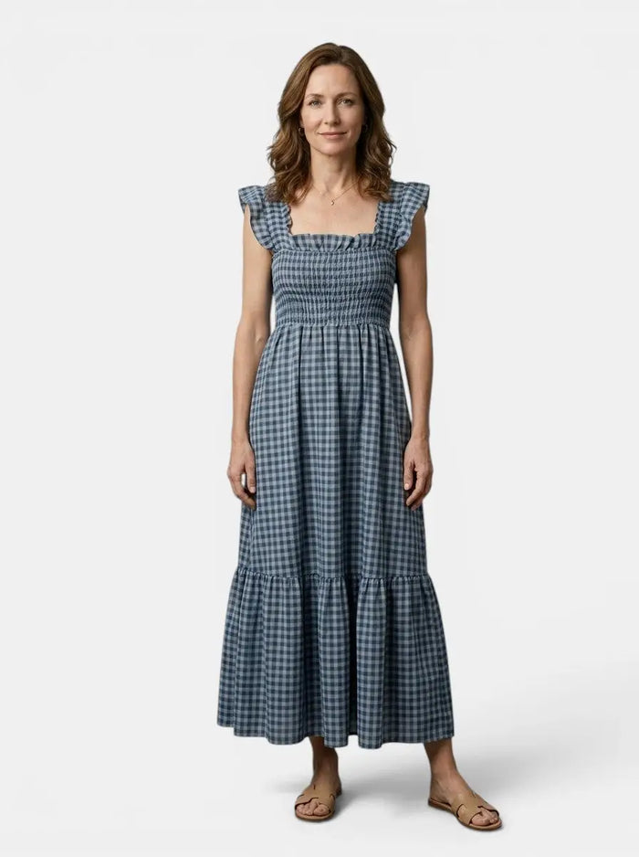 Elegant women's cotton gingham maxi dress from LondonLaneStore featuring a flowing summer style and classic plaid pattern.